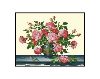 Pink Red Rose Flowers Floral Plants Vase Counted Cross stitch Instant Download PDF Pattern