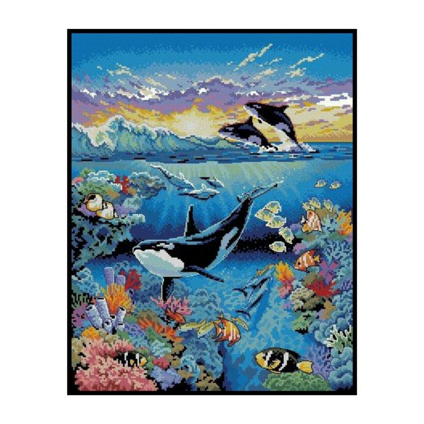 Ocean Sea Life Fish Dolphins Reef Corals Animals Counted Cross stitch Instant Download