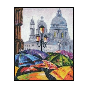 Colourful Umbrella London City Embroidery Counted Cross stitch Instant Download PDF Pattern