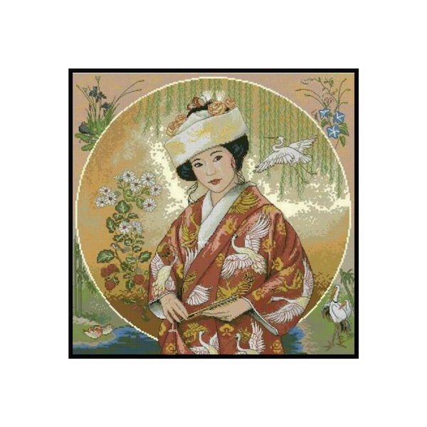 Traditional Japanese Maiden Kimono Elegant Lady Crane Birds Counted Cross stitch Instant Download PDF Pattern