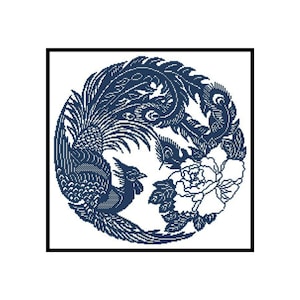 Chinese Phoenix Birds Blue Monochrome Silhouette Counted Cross stitch Instant Download PDF Pattern