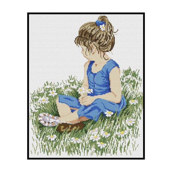 Girl Daisy Flowers Field Meadow Garden Counted Cross stitch Instant Download PDF Pattern