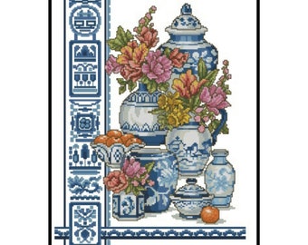 Traditional Chinese Oriental Ceramic Vases Flowers Embroidery Counted Cross stitch Instant Download PDF Pattern