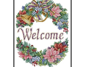 Christmas Wreath Cross Stitch Pattern: Welcome Floral Embroidery (PDF Pattern)
