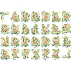 Puede incluir: Un alfabeto con cada letra decorada con un querubín con un vestido rosa y follaje verde. Las letras están en una fuente dorada.