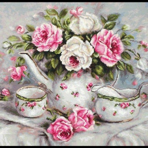 English Tea Set Cup White Pink Table Rose Flowers Floral Counted Cross stitch Instant Download PDF Pattern image 2