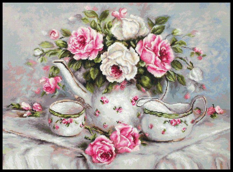 English Tea Set Cup White Pink Table Rose Flowers Floral Counted Cross stitch Instant Download PDF Pattern image 2