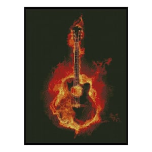 Electric Guitar Fire Burning Music Counted Cross stitch Instant Download PDF Pattern