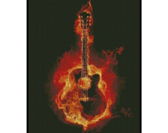 Electric Guitar Fire Burning Music Counted Cross stitch Instant Download PDF Pattern