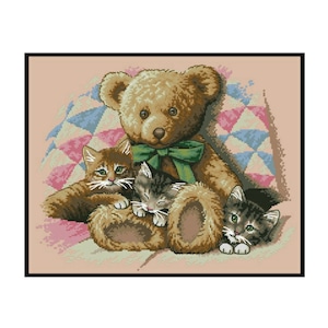 Kittens Cat Teddy Bear Toys Counted Cross stitch Instant Download PDF Pattern
