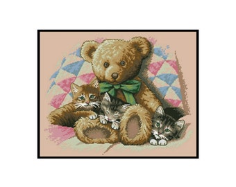 Kittens Cat Teddy Bear Toys Counted Cross stitch Instant Download PDF Pattern