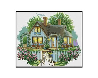 Cottage Gate House Garden Flowers Plants Counted Cross stitch Instant Download PDF Pattern