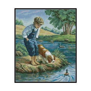Boy Dog Friends Pond Play Duck Embroidery Counted Cross stitch Instant Download PDF Pattern