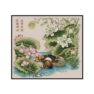 Oriental Ducks Lotus Water Lily Flowers Embroidery Counted Cross stitch Instant Download PDF Pattern