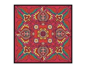 Mandala Art Géométrique Fleurs Rouges Oreiller Coussin Broderie Point De Croix Compté Téléchargement Instantané Modèle PDF