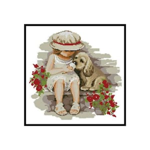 Girl Dog Best Friend Buddy Playmate Counted Cross stitch Instant Download PDF Pattern