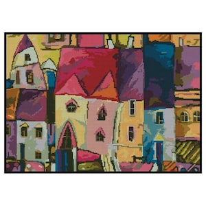 Colourful Abstract Painting House Counted Cross stitch Instant Download PDF Pattern