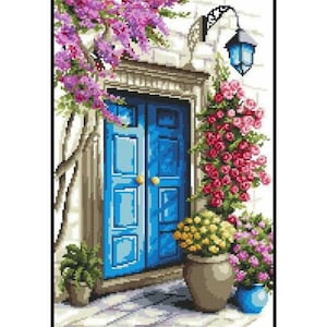 Blue Door Floral Garden Cross Stitch Pattern (PDF Download)