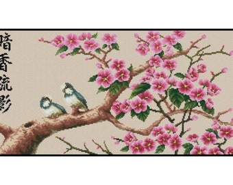 Oriental Love Birds Sakura Cherry Blossom Tree Nature Animals Counted Cross stitch Instant Download PDF Pattern