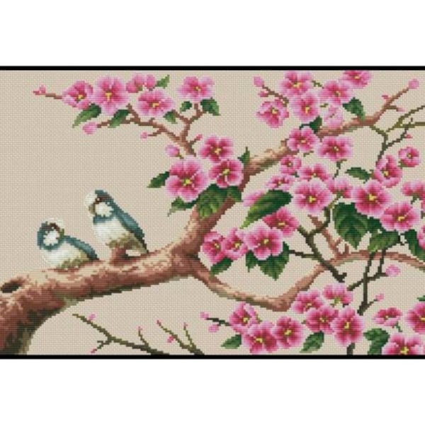 Oriental Love Birds Sakura Cherry Blossom Tree Nature Animals Counted Cross stitch Instant Download PDF Pattern