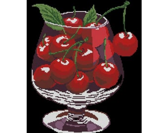 May include: A glass bowl filled with red cherries, with stems and leaves, on a black background.