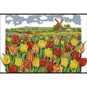 Tulip Flowers Field Farm Nature Counted Cross stitch Instant Download PDF Pattern