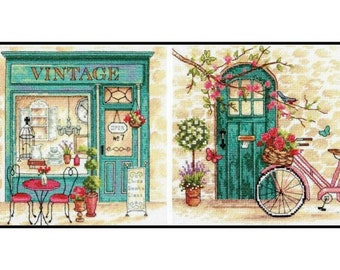Vintage Shop Afternoon Provence Bicycle Door Counted Cross stitch Instant Download PDF Pattern