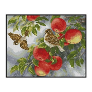 May include: A painting of two brown birds perched on a branch with red apples. The birds are in focus, while the apples and leaves are slightly blurred in the background.