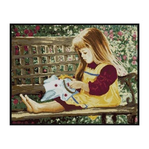 Girl Stitching Sewing Bench Garden Hobby Counted Cross stitch Instant Download PDF Pattern