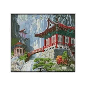 Pagoda Temple Mountain Nature Counted Cross stitch Instant Download PDF Pattern