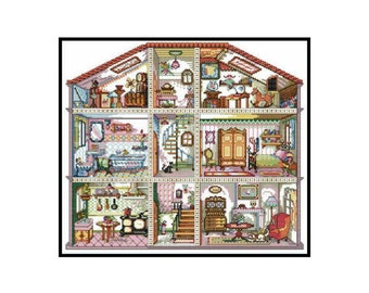 Victorian Dollhouse Toys Bedroom Children Counted Cross stitch Instant Download PDF Pattern