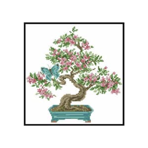 May include: Cross-stitch design of a bonsai tree with pink blossoms and a light blue butterfly. The tree is in a teal-coloured rectangular pot. The image is framed in a black border and set against a white background.