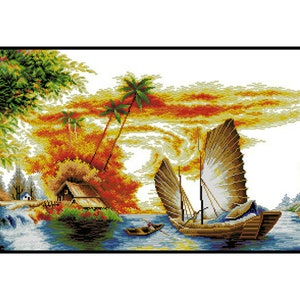 Oriental Ocean Sea Ship Sail Voyage Counted Cross stitch Instant Download PDF Pattern