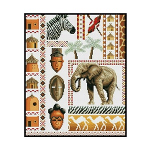 Afrikanische Tiere Kreuzstich-Muster: Elefant, Zebra, Masken (PDF-Muster)