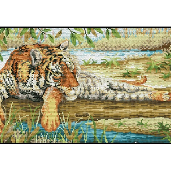 Tiger Wildlife Animals Tranquility Moment Peaceful Forest Embroidery Counted Cross stitch Instant Download PDF Pattern