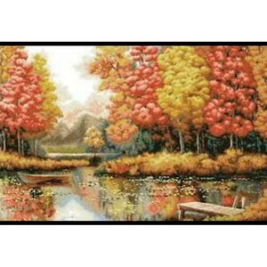 May include: A painting of a lake scene with fall foliage. The trees are a mix of red, orange, and yellow. A small boat is on the lake, and there is a wooden dock in the water.