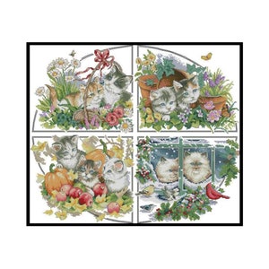 Four Seasons Cats Cross Stitch Pattern: Kittens in Spring, Summer, Autumn, Winter (PDF Download)