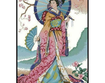 Japanese Kimono Woman With Fan Cross Stitch Pattern (PDF