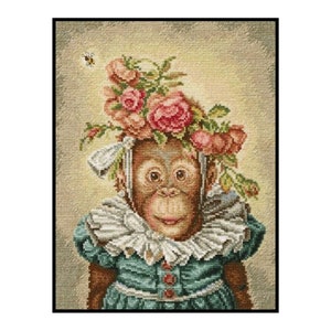 Romantic Mademoiselle Dress Monkey Animals Rose Counted Cross stitch Instant Download PDF Pattern