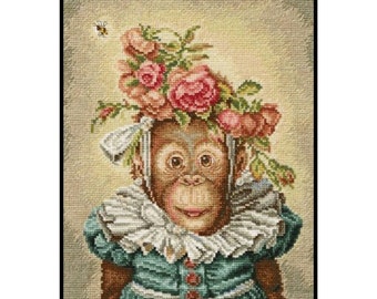Romantic Mademoiselle Dress Monkey Animals Rose Counted Cross stitch Instant Download PDF Pattern