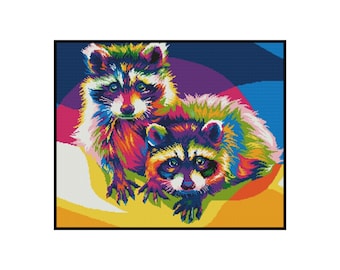 Pop art abstrait arc-en-ciel coloré raton laveur animaux broderie compté point de croix téléchargement instantané motif PDF