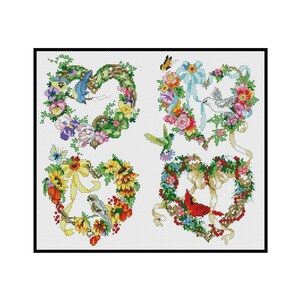 Floral Heart Wreath Cross Stitch Pattern: Birds & Butterflies (PDF Pattern)