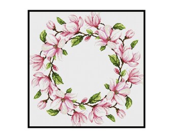 Corona de flores de magnolia natural, punto de cruz contado, descarga instantánea, patrón PDF