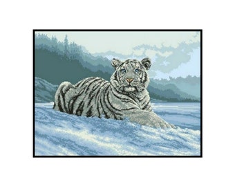Siberian White Tiger Snow Winter Season Embroidery Counted Cross stitch Instant Download PDF Pattern