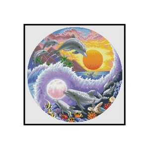 Dolphin Sunset Cross Stitch Pattern: Ocean Reef Embroidery (PDF Pattern)