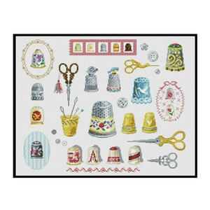 Vingerhoed Schaar Knoop Naaimaterialen Sampler Getelde kruissteek PDF direct downloaden Patroon