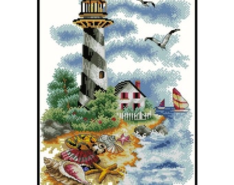 Patrón de punto de cruz "Lighthouse Beach": Conchas marinas (Patrón PDF)