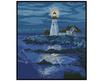 Ocean Seaside Light House Nature Counted Cross stitch Instant Download PDF Pattern