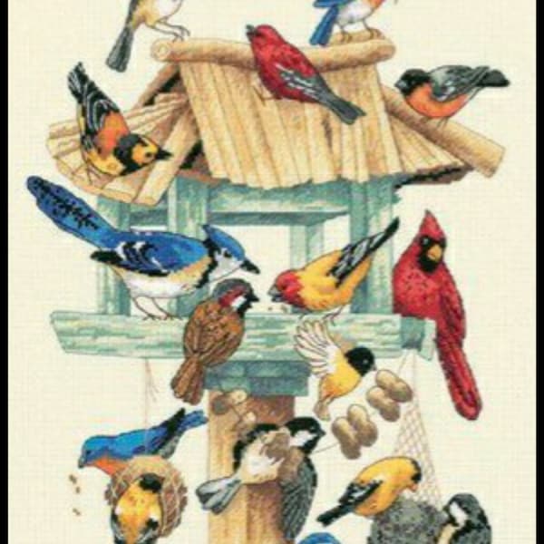 Birdhouse Feasting Frenzy Birds Animals Nature Counted Cross stitch Instant Download PDF Pattern