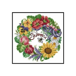 Summer Season Flowers Floral Wreath Counted Cross stitch Instant Download PDF Pattern